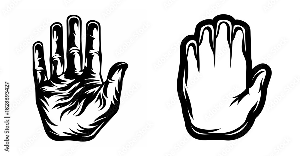 Fototapeta premium Two open hands in black and white offering gesture gesture warning symbol stop sign prohibition gesture