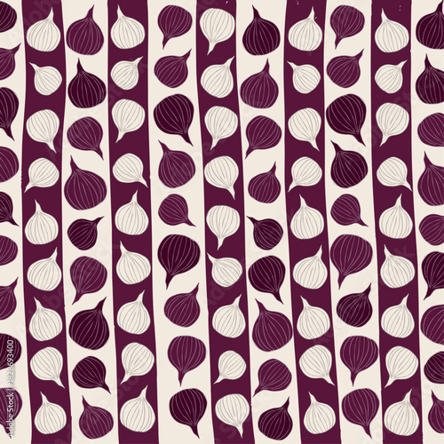 Seamless pattern with purple and white onions on vertical stripes