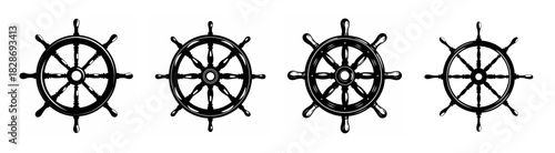 Four nautical ship steering wheels in a row vintage artistic style maritime navigation symbolism