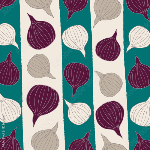Seamless pattern with purple and grey onions on teal and white stripes