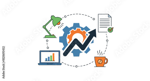 Fueling business growth with smart solutions and productive workflow, coffee and laptop, success ahead, professional vector design for business needs