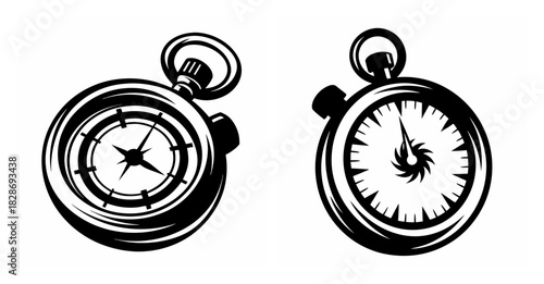 Two vintage pocket watch icons with hand-drawn style perfect for representing timekeeping and vintage themes