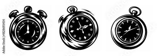 Three vintage stopwatch icons isolated against a timekeeping device collection