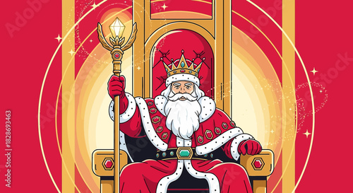 Festive sovereign in elaborate garment seated upon a gilded throne illustration