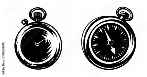 Two vintage stopwatch timer illustrations showing time measurement and chronograph functionality