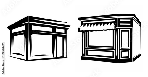 Two empty storefronts depicted in a stylized outline with wide windows and architectural details ready for business