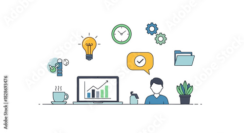 Modern vector illustration showing business progress, workflow efficiency, and a bright idea, ideal for corporate presentations and marketing materials