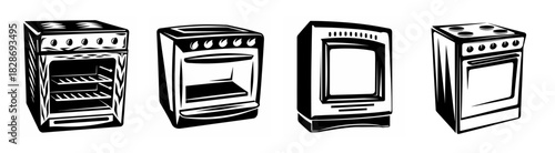 Collection of four detailed stylized drawings of modern kitchen stoves featuring ovens and cooktops