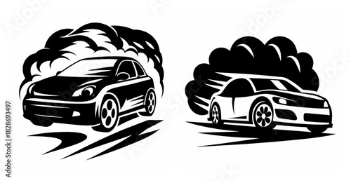 Dynamic duo speeding cars artwork abstract smoke clouds artistic rendering energetic motion powerful driving