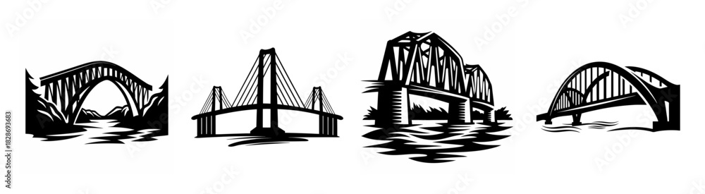 Obraz premium Collection of four black and white architectural bridge designs rendered with ink strokes over water