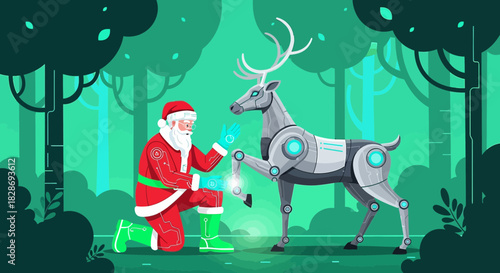 Futuristic Christmas: Santa Claus with a Robot Reindeer in a Stylized Forest Landscape