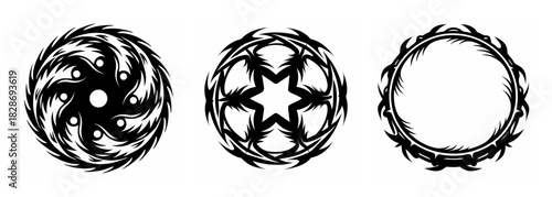 Three distinct abstract black and white circular graphic designs showing spiritual or magical summoning elements