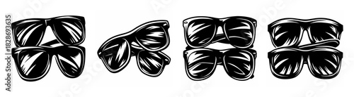 Four pairs of black folded sunglasses displayed in a row showing their unique designs and lenses