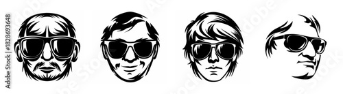 Four distinct sketch portraits of men wearing stylish sunglasses in various poses