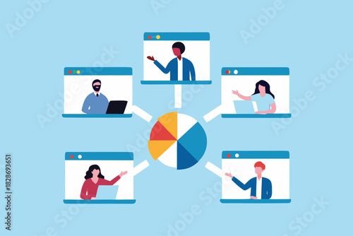 Online meeting with pie chart analysis and diverse team members