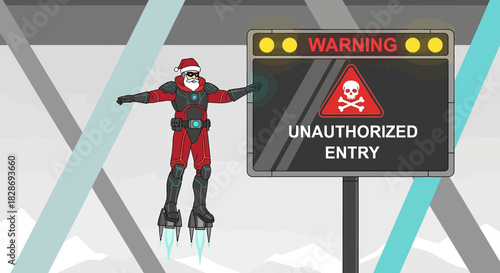 Futuristic Santa Claus defies warning sign with jet boots and a determined expression on a winter