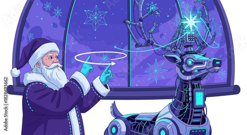 Futuristic holiday season depiction featuring robotic reindeer and augmented reality display