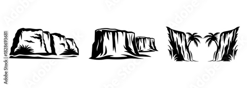 Monochromatic sketch of three cliff formations with stylized trees in the center piece