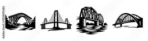Collection of four black and white architectural bridge designs rendered with ink strokes over water