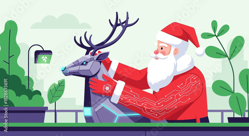 Futuristic Santa Claus hugs robotic reindeer in a modern digital Christmas landscape