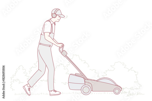 gardener mowing grass with lawnmower across tidy yard outdoor landscaping scene with trimmed hedges, green turf, casual uniform, focused seasonal chore in gentle line illustration