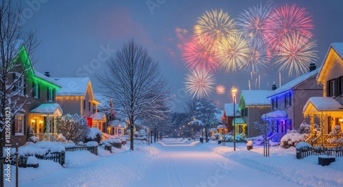 A serene snowy suburban street illuminated by colorful Christmas lights and vibrant New Year' Eve fireworks, creating a magical winter holiday celebration scene.