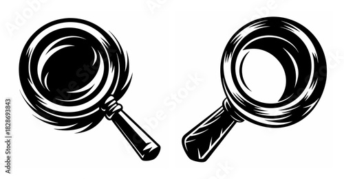 Two stylized magnifying glasses with swirling lenses symbolizing investigation and discovery search