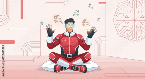 Futuristic Santa meditating with augmented reality reindeers on holiday in a modern world