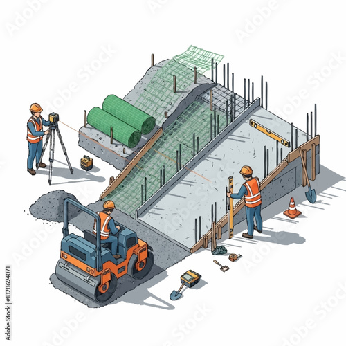 Construction workers building a concrete structure with heavy machinery and surveying equipment.