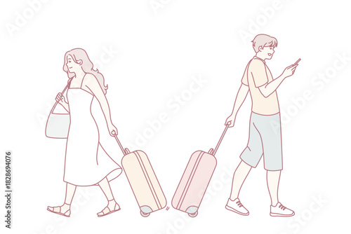 emotional parting between travelers at terminal, tense farewell as two travelers depart with luggage, couple shares emotional farewell at airport departure area while pulling suitcases