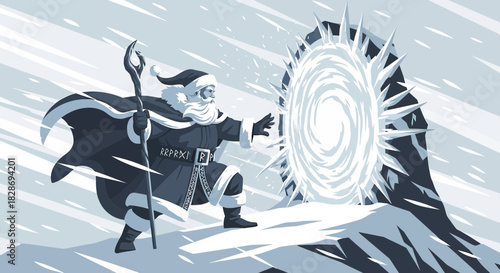 Holiday hero through frosted portal: A winter saga illustration evoking adventurous spirit