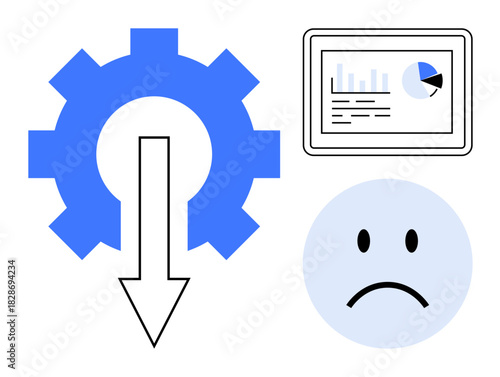 Business downturn concept. Business performance downturn illustrated with a gear, a down arrow, analytics graphs, and a sad face. s business loss, economic decline, and finance risks. Great