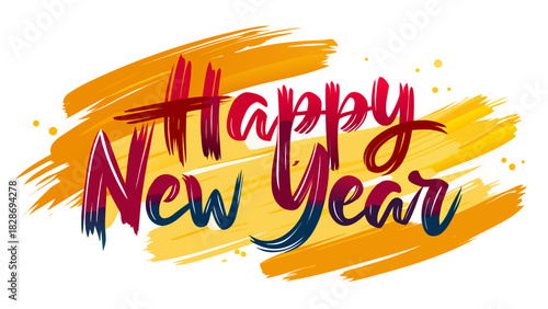 Vibrant hand painted happy new year greeting with colorful brush strokes and splatters
