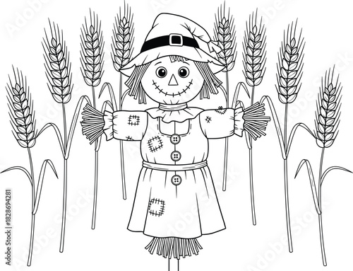 Cartoon scarecrow in wheat field, black and white farm illustration, agriculture coloring page, harvest season artwork, traditional crop protection design
