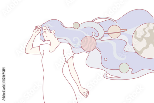 Young woman walking with space and planets in hair. Girl full with creative and imaginary thoughts and ideas. Imagination and creativity concept. Vector illustration.