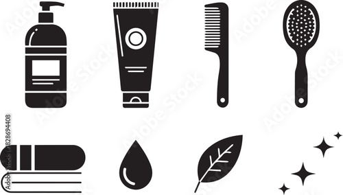 Bathroom Essential Items Black and White Vector Illustration Set Concept