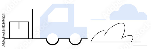 Delivery truck carrying a box, with cloud and shrub elements in a simple design. Ideal for logistics, shipping, delivery service, freight, transportation, supply chain eco-transport. Clean