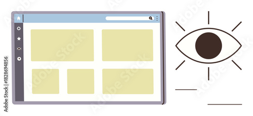 Computer screen showcasing webpage layout with blocks and settings sidebar, paired with a minimalist eye icon. Ideal for UX design, user focus, usability, analytics, visualization, productivity