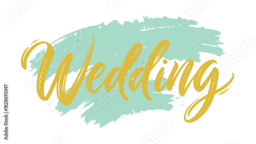 Elegant hand lettered wedding text overlay on a soft teal brush stroke background