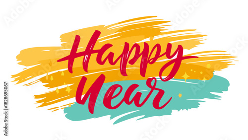 Happy new year handwritten calligraphy with vibrant brush strokes and sparkling stars