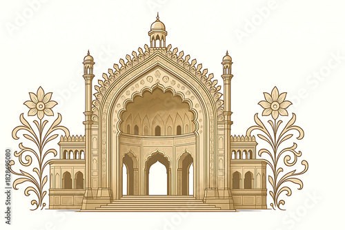 Vector poster illustration of Lucknow’s Rumi Darwaza, grand arched gateway with delicate carvings