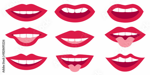 Set of red lips with different expressions and emotions on white background
