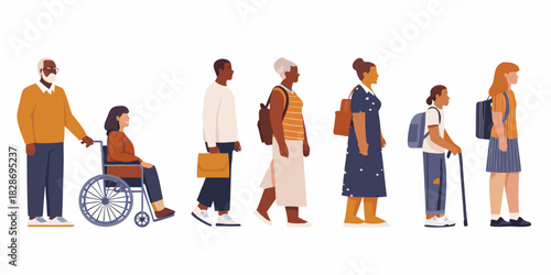 Diverse group of people standing in a line illustration