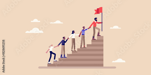 Teamwork and leadership people climbing stairs to achieve success together
