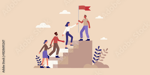 Teamwork and leadership people climbing stairs to achieve goal with flag