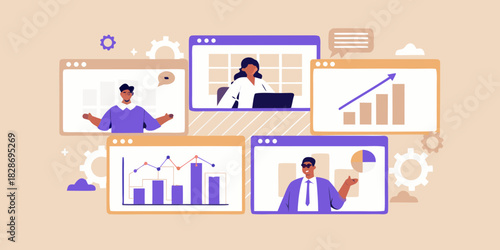 Online business meeting with charts and data visualization in virtual windows