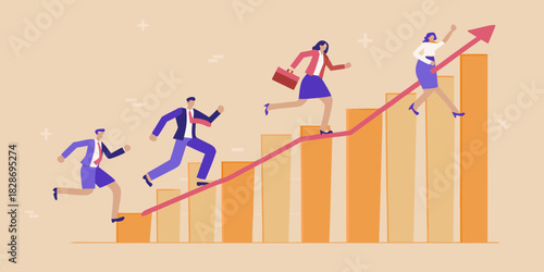 Business people running up a bar graph to achieve success
