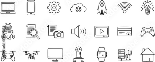 Modern Hand-Drawn Technology and Digital Icons Collection: Gadgets, Internet, AI, Gaming, Cloud, Smart Devices