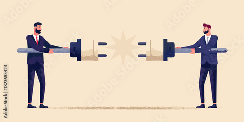 Businessmen connecting plugs collaboration partnership and problem solving in the corporate world