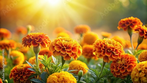 Vibrant marigold flowers arranged in a beautiful floral border with soft